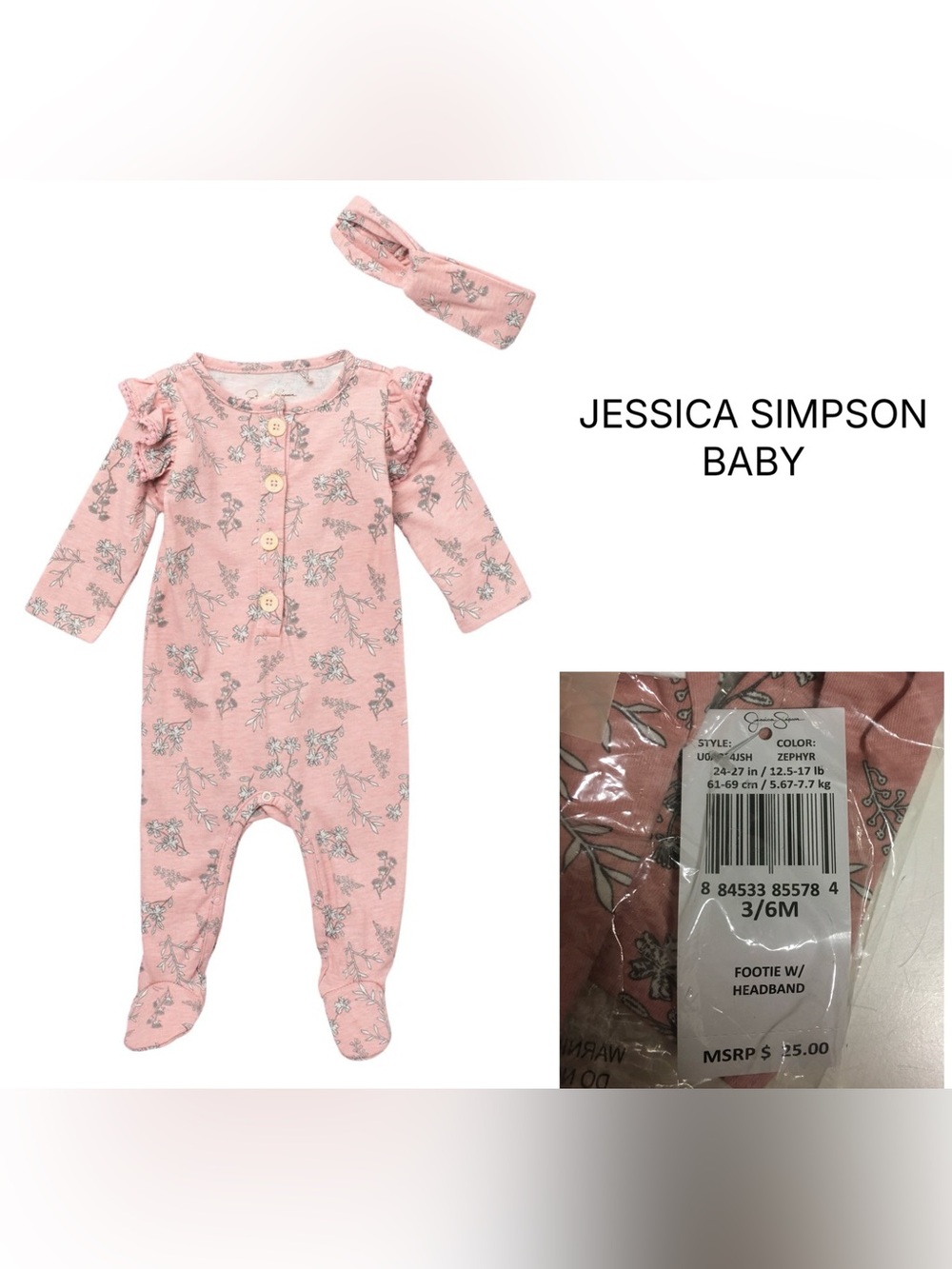 JESSICA SIMPSON BABY - 3/6M - NWT - 2PC PINK FLORAL SLEEPER AND HEADBAND